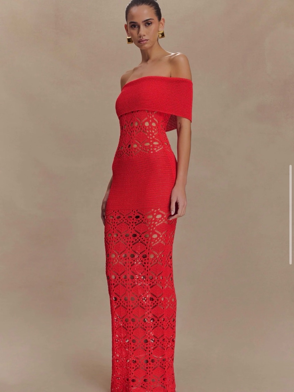 Meshki Off-Shoulder Red Crochet Maxi Dress - Picture 4 of 5